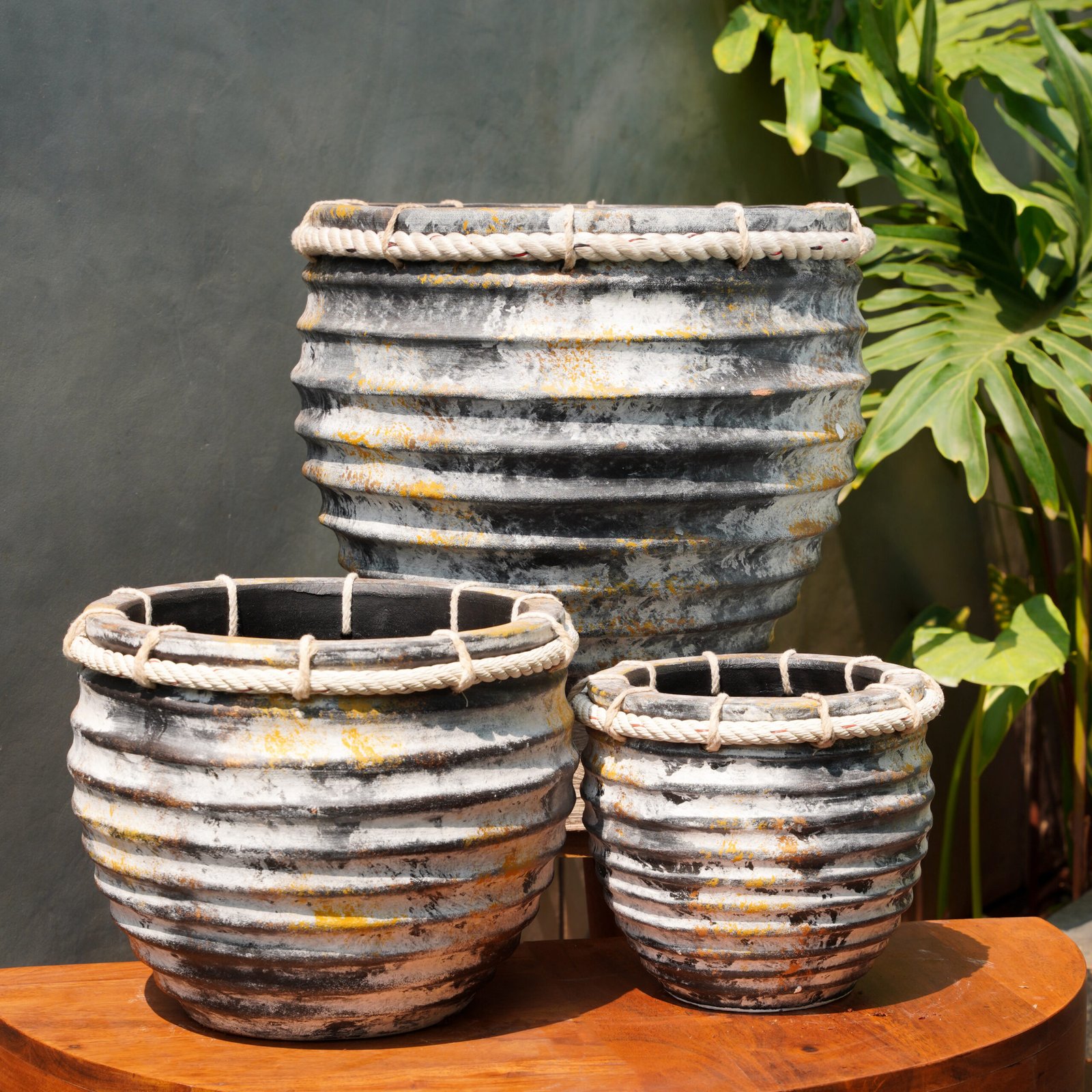 Kaavi rope rim terracotta planter set of three nesting sizes by Midori — coil-built, black-white-ochre layered finish