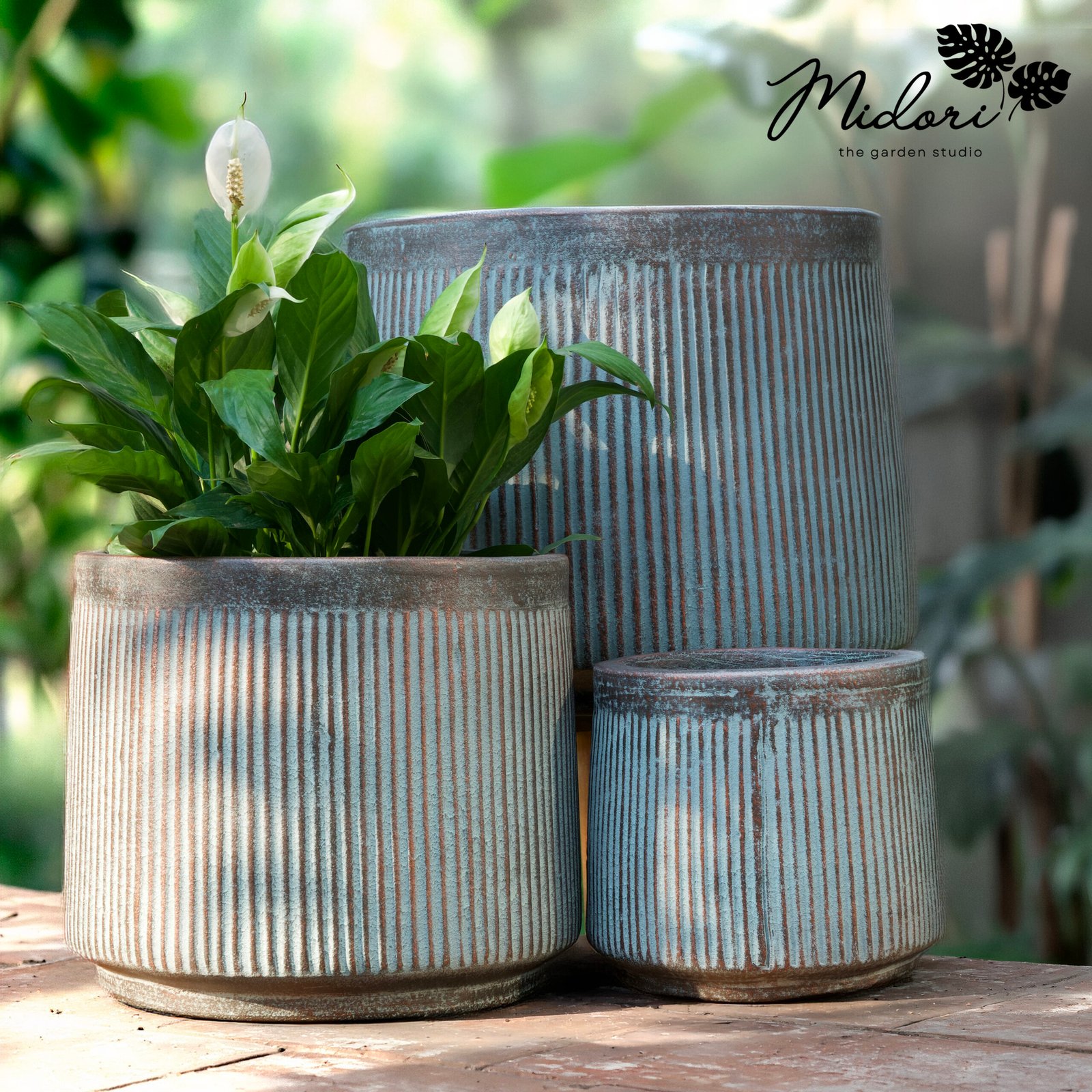 Santoor ribbed terracotta planter set of three sizes by Midori — Sky and Copper shades, Raaga Collection