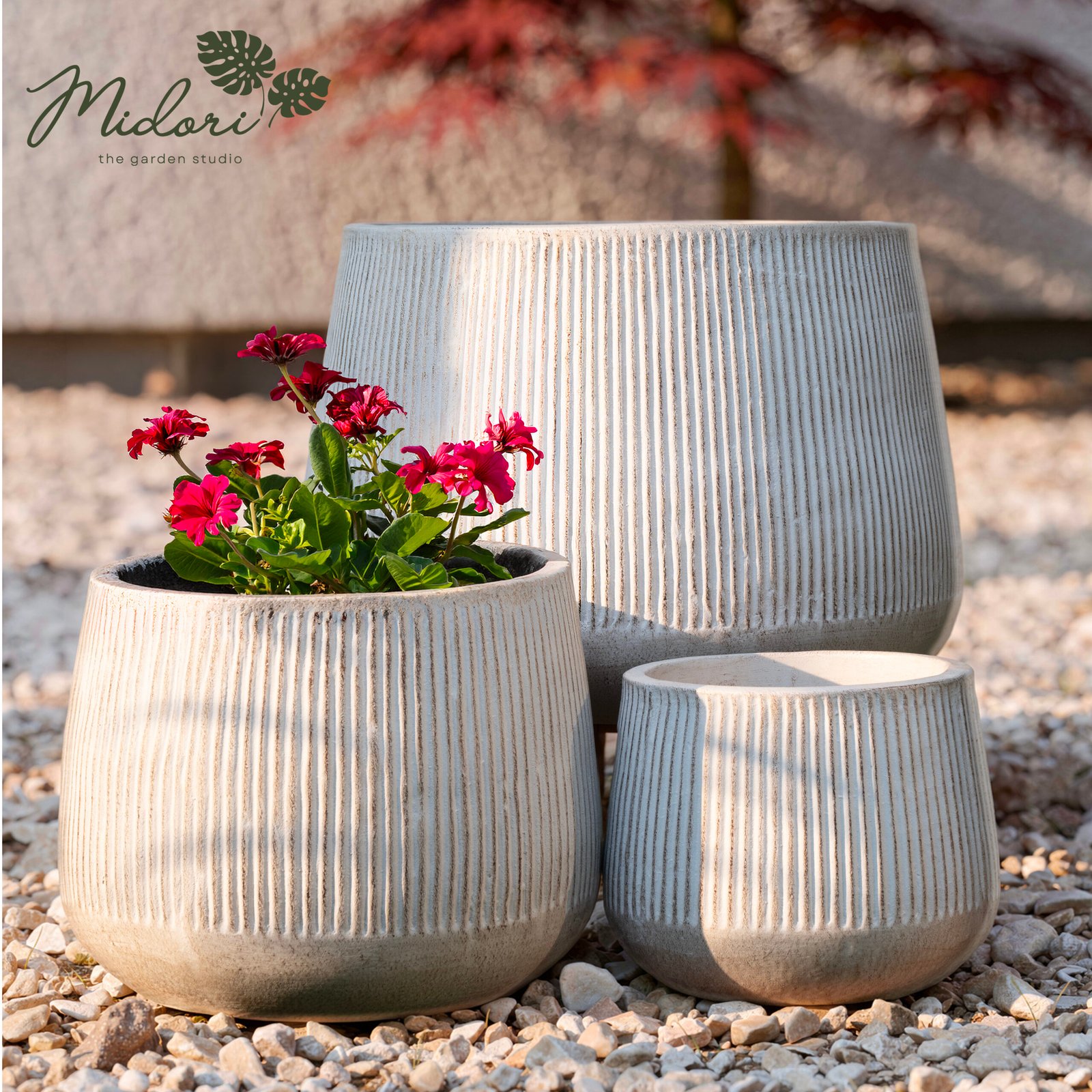 Veena ribbed terracotta planter set of three sizes by Midori — Chalk and Dune shades, Raaga Collection