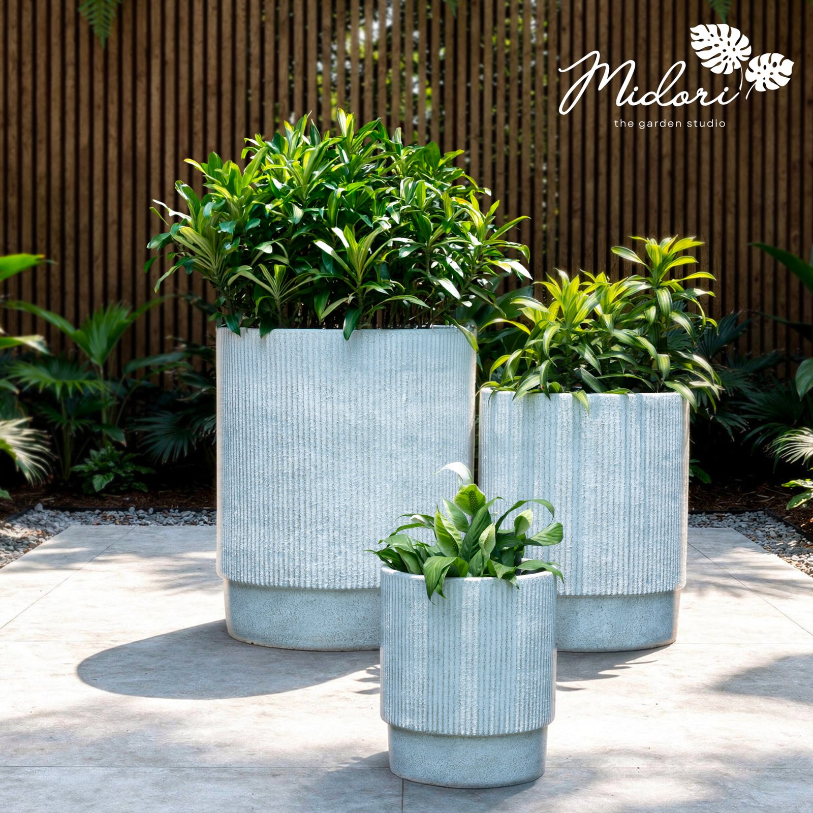 Sitar ribbed terracotta planter set of three sizes by Midori — Indigo and Pearl shades, Raaga Collection
