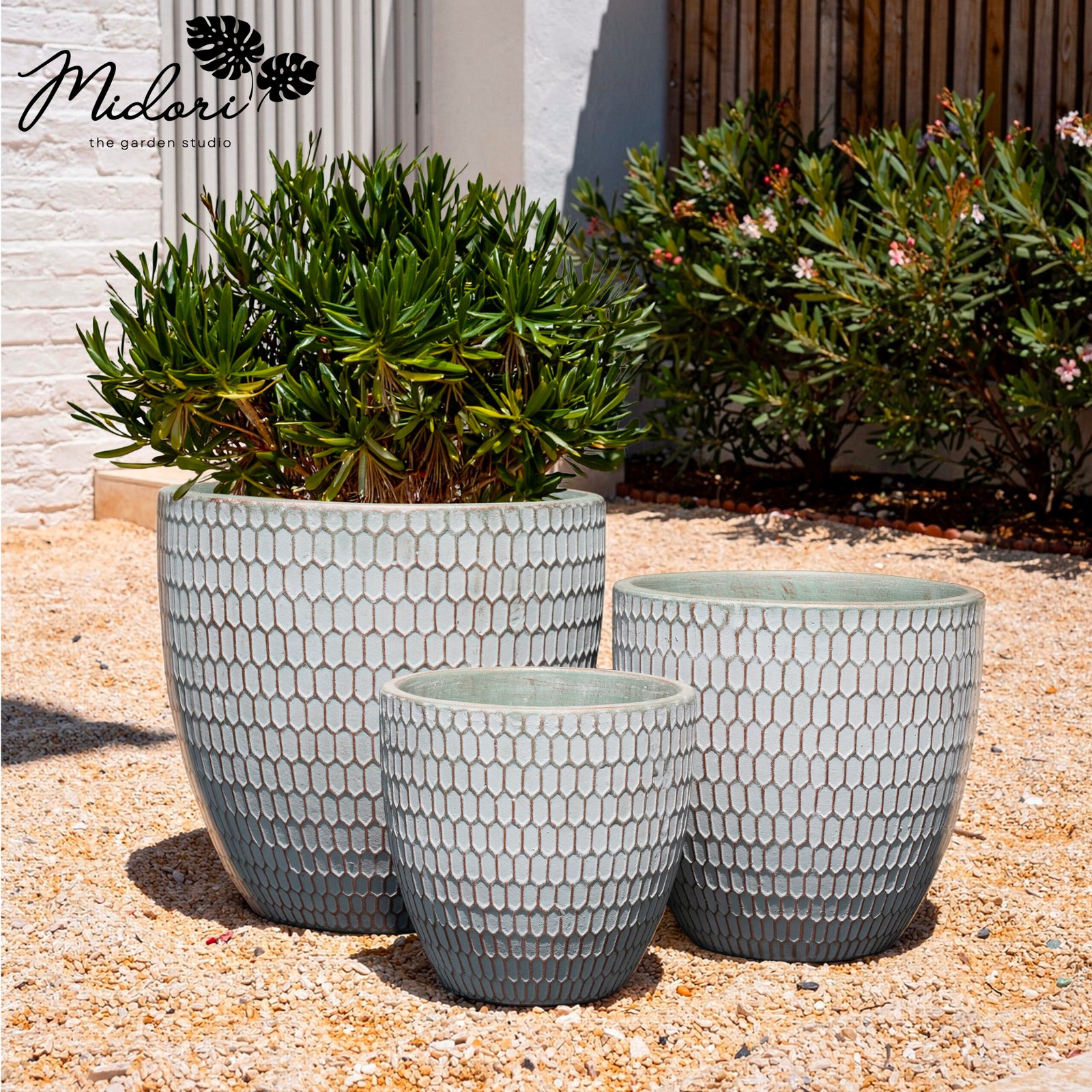 parchment honeycomb terracotta planter by Midori — copper grout lines, three sizes