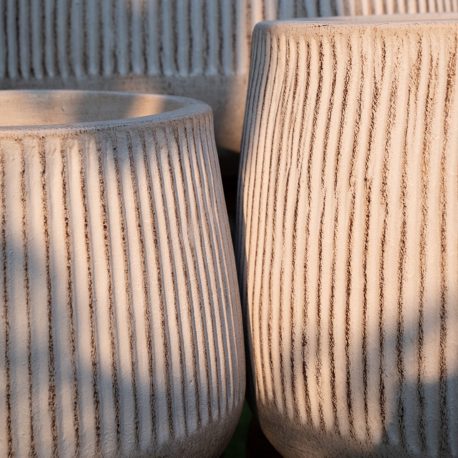 Close-up of Veena terracotta planter ribbing, Raaga Collection by Midori